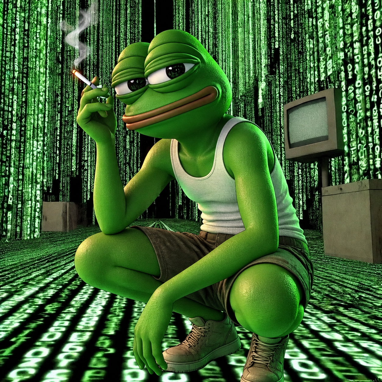 Digital Pepe in a matrix style room